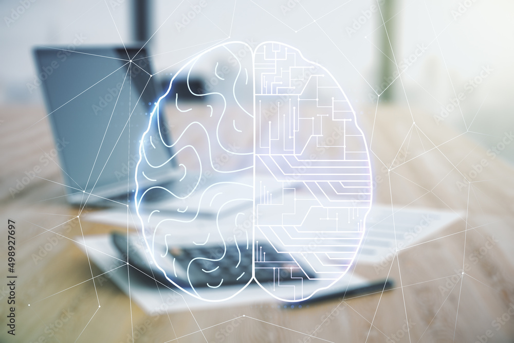 Poster virtual creative artificial intelligence hologram with human brain sketch on calculator and laptop b