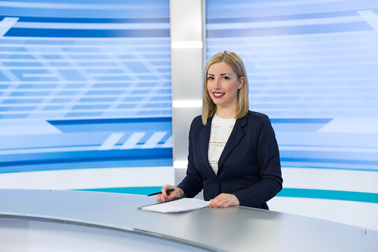 Beautiful Newscaster Ready For News	
