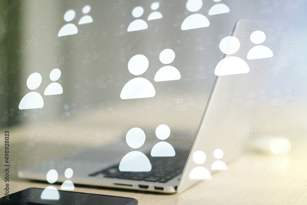 Aufkleber double exposure of social network icons concept with computer on background. networking concept