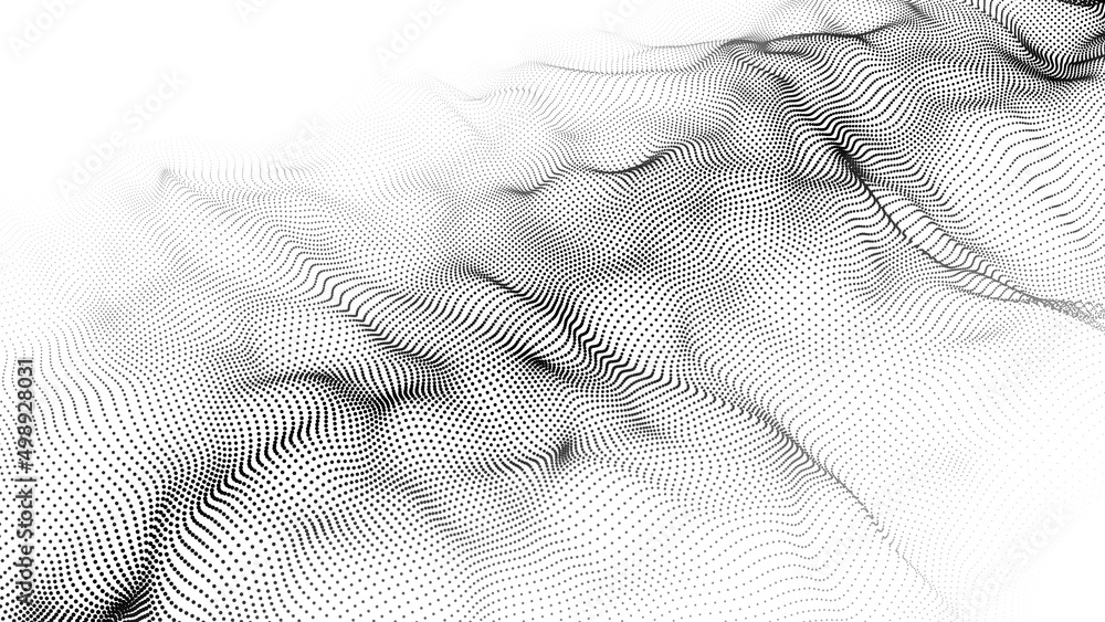 Poster a moving 3d wave. futuristic white background with dynamic black particles. the concept of big data.