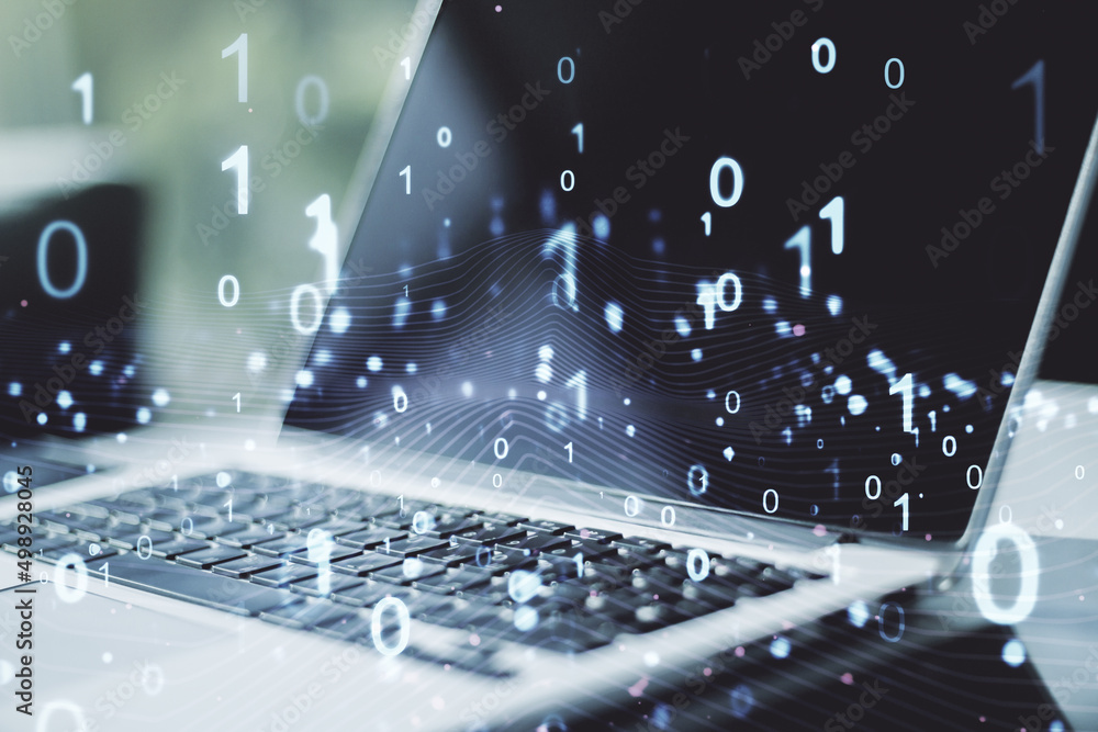 Poster creative concept of binary code illustration on modern laptop background. big data and coding concep