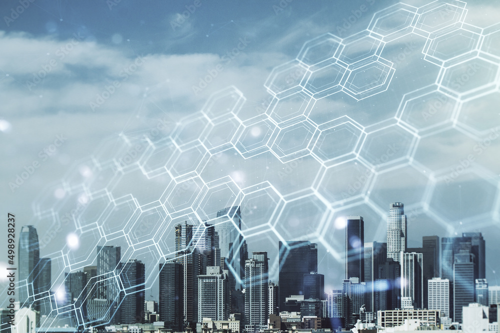 Poster abstract virtual wireless technology hologram with hexagon on los angeles skyline background. big da