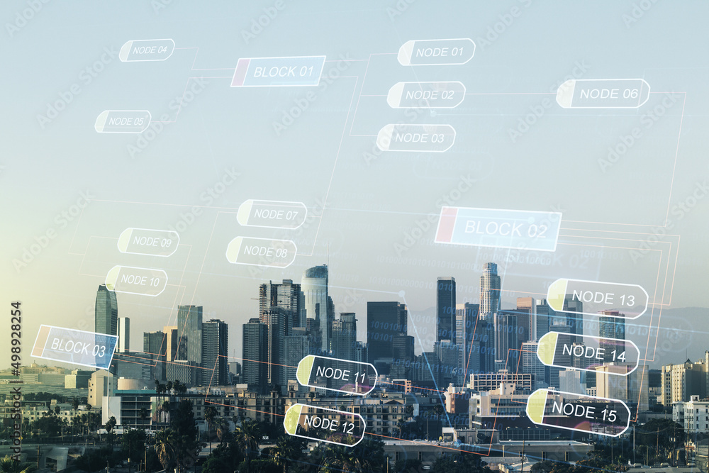 Poster multi exposure of abstract graphic coding sketch on los angeles cityscape background, big data and n