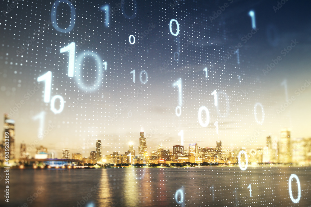 Leinwandbilder Abstract virtual binary code sketch on Chicago office buildings background, hacking and matrix concept. Multiexposure