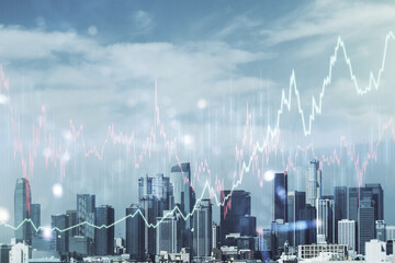 Double exposure of abstract creative financial chart hologram on Los Angeles skyscrapers background, research and strategy concept