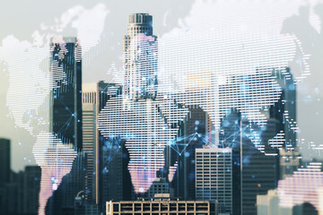 Abstract creative digital world map on Los Angeles cityscape background, globalization concept. Multiexposure
