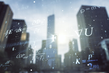 Double exposure of scientific formula hologram on modern skyscrapers background, research and development concept