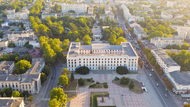 Simferopol, Crimea - August 31, 2020: City Center Panorama At Sunset Time. Council Of Ministers Of The Republic Of Crimea, Lenin Square, Aerial View