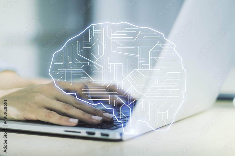Poster creative artificial intelligence concept with human brain sketch and hands typing on computer keyboa