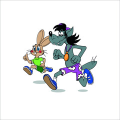 Cartoon vector wolf and hare running