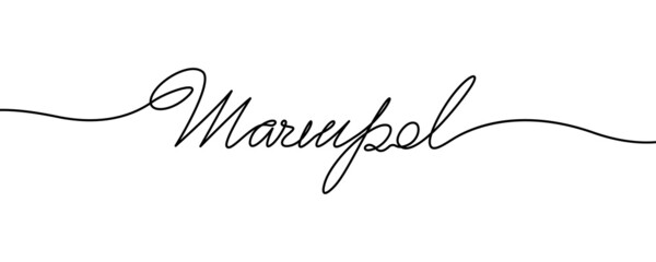 Hand drawn name of city Mariupol which is in Ukraine in One line vector style on white background