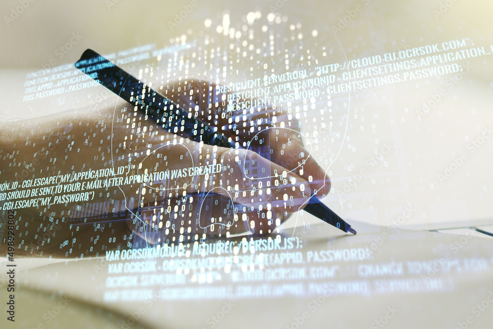 Poster creative code skull hologram and man hand writing in diary on background, cybercrime and hacking con
