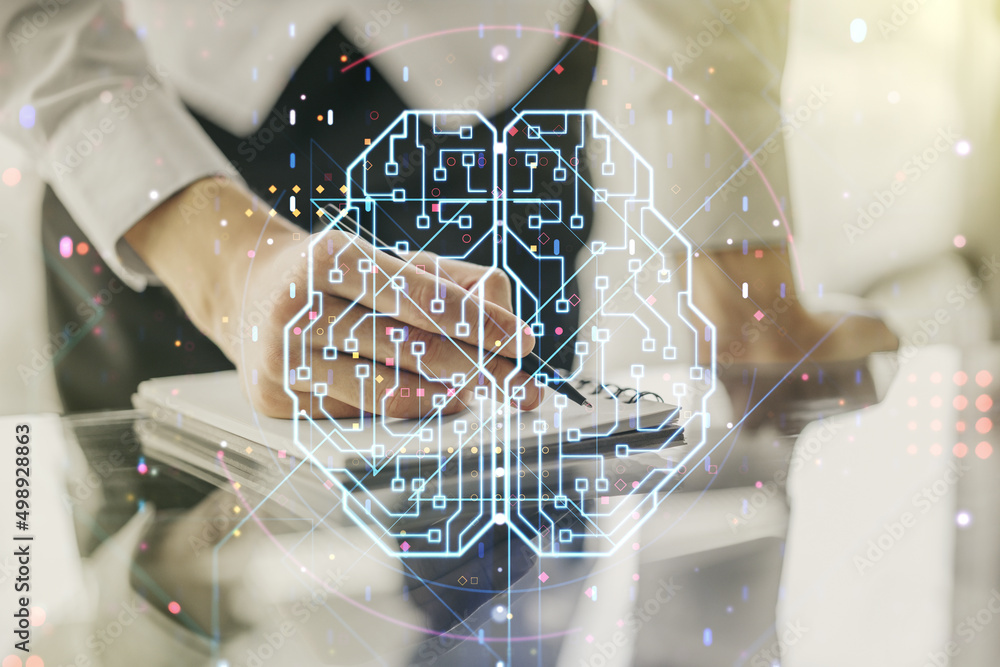 Poster double exposure of creative artificial intelligence symbol with man hand writing in notebook on back