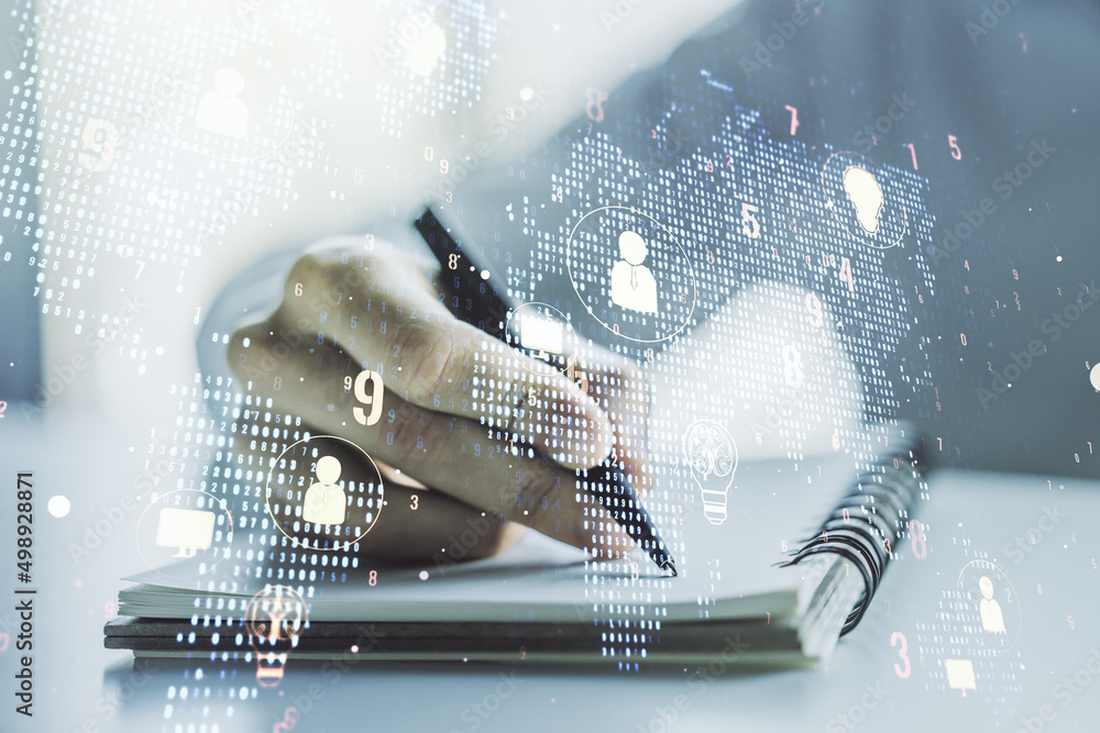 Aufkleber double exposure of social network icons concept with world map and man hand writing in notebook on b