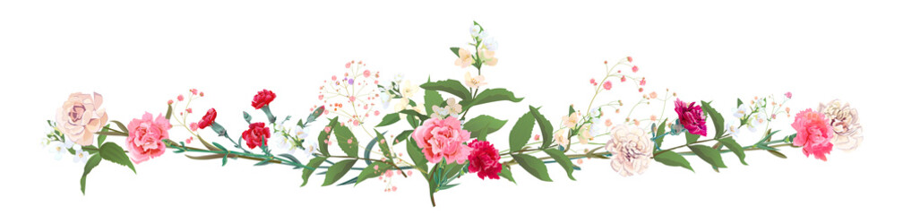 Panoramic view: bouquet of carnation and jasmine twigs. Horizontal border: red, pink flowers, buds, leaves on white background. Realistic digital illustration in watercolor style, vintage, vector