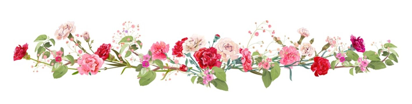 Panoramic view: bouquet of carnation and spring blossom. Horizontal border: red, pink flowers, buds, leaves on white background. Realistic digital illustration in watercolor style, vintage, vector