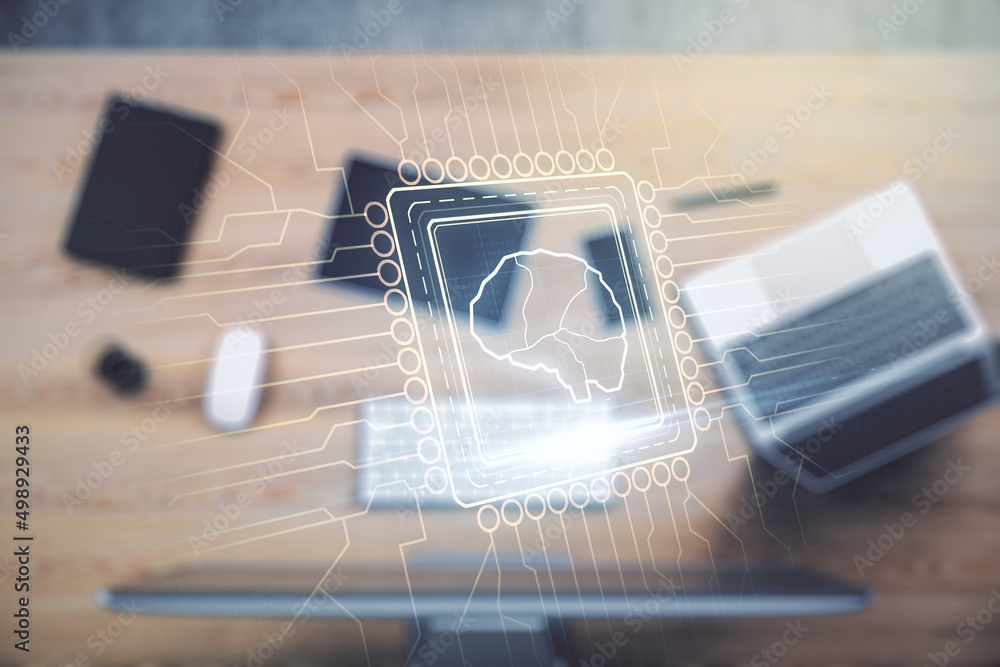 Poster creative artificial intelligence concept with human brain sketch on modern computer background. doub
