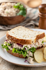 Tuna salad sandwich on whole grain bread