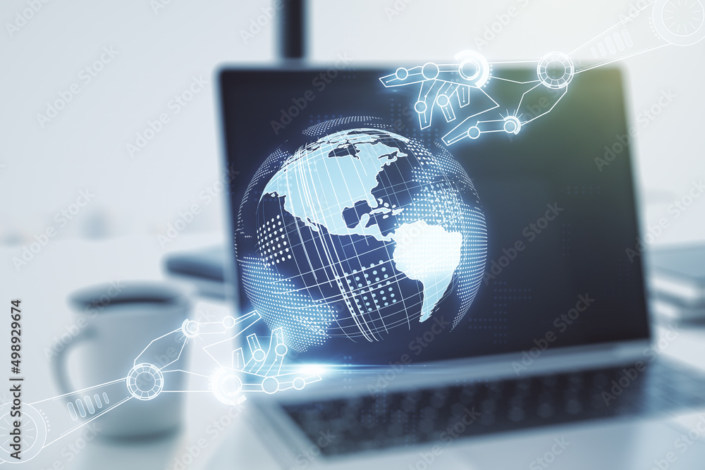 Aufkleber creative abstract robotics technology sketch with globe on modern laptop background, future technolo