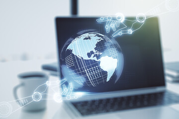 Creative abstract robotics technology sketch with globe on modern laptop background, future...