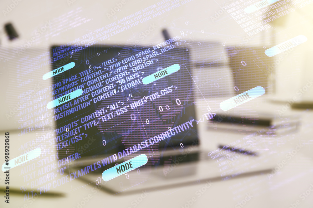 Poster double exposure of abstract programming language with world map on laptop background, research and d