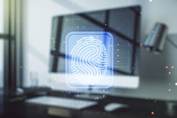 Multi exposure of abstract graphic fingerprint sketch on modern computer background, fingerprint scan data concept