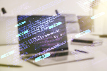 Double exposure of abstract programming language with world map on laptop background, research and development concept