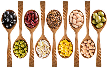 Wooden spoon with canned mungo bean sprouts, lentils, chickpeas, corn, olives, beans, peas isolated on white background. Collection with clipping path.