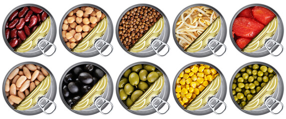 Open tin can with canned tomatoes, mungo bean sprouts, lentils, chickpeas, peas, corn, olives,...