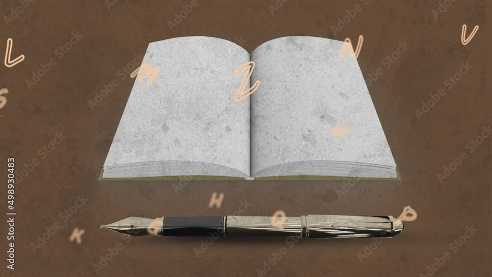 Poster animation of letters floating over pen and notepad