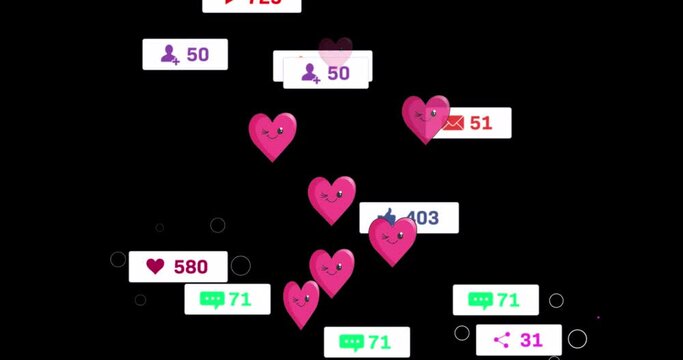 Animation of hearts and social media reactions over black background