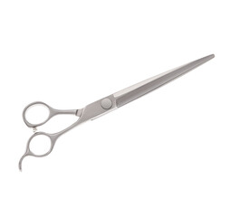 Scissors for cutting people and pets. Grooming scissors. Closed scissors on a white isolated background. Side view.