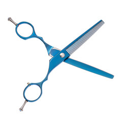 Scissors for cutting people and pets. Grooming scissors. Opened scissors on a white isolated background. Side view.