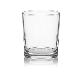 Empty transparent glass cup, shot glass, glass for wine, whiskey, cognac, martini, beer, juice and other drinks, isolated on white background. Dishes for bar, restaurant, pub.