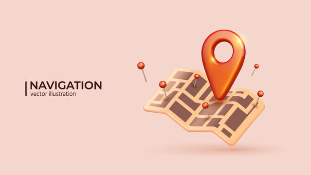 Red Locator mark on map and location pin or GPS navigation icon sign. 3D Realistic creative conceptual symbol of search concept in cute cartoon style. Vector illustration
