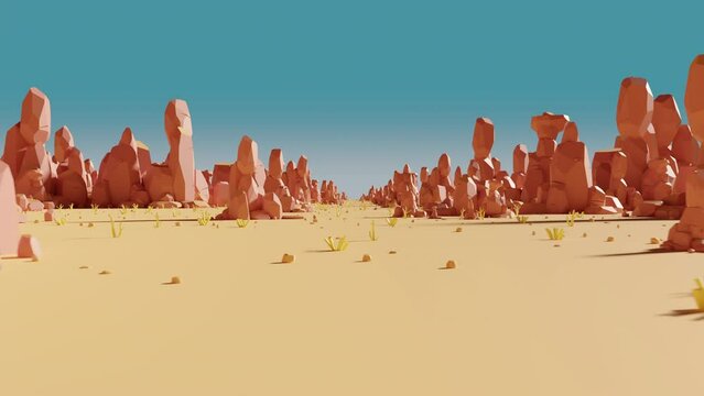Loop animation of passing through rocks with sand desert, 3d rendering.