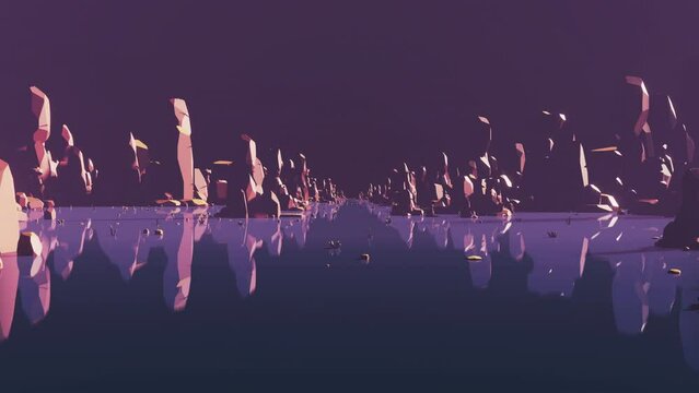 Loop animation of passing dark empty planet, retro stylize background, 3d rendering.