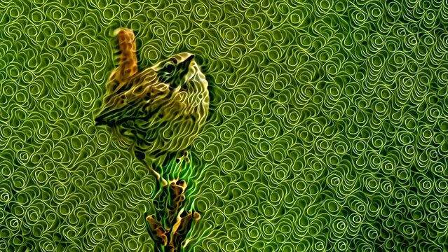 Artistic spiraliform green color animation of small wren bird singing on twig. Digital art concept