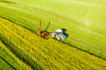 Agricultural machinery during the harvest of rapeseed