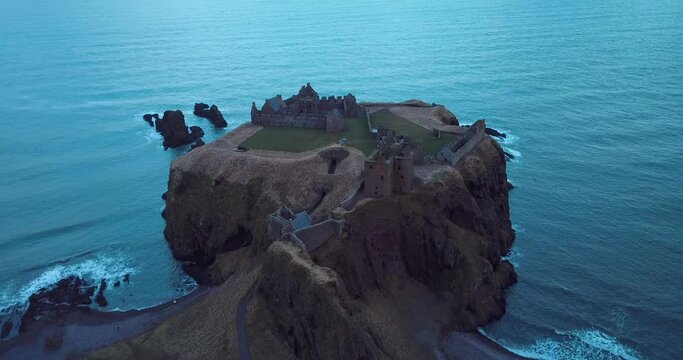 Aerial view of the ruins ancient Donator Castle in Scotland 