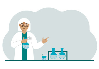 Old female scientist with flasks. Experimental scientist, laboratory assistant, biochemistry, chemical, scientific research.