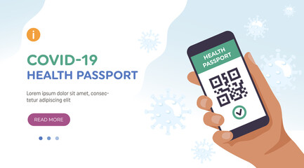 Health passport concept. hand holding a smartphone with QR code, vaccination status. Landing page banner template, vector illustration in flat style