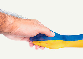 An adult shook hands with a child who painted the Ukrainian flag on his arm,isolated onwhite background,Stop war of Ukraine and Russia concept
