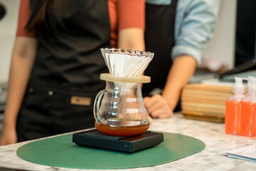 Coffee on desk in coffee shop,Cafe,Barista Coffee Maker Machine Grinder.