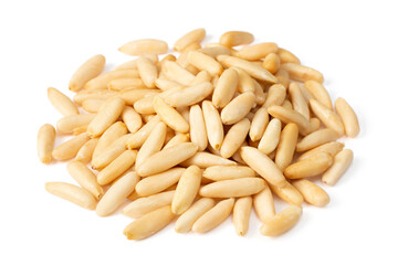 Shelled European pine nuts isolated on white background.