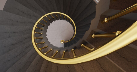 Abstract detail of a spiral staircase with gold handrails. Luxury abstract architectural minimalistic background. 3D illustration and rendering.