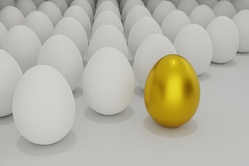 white eggs in a row with one golden egg between