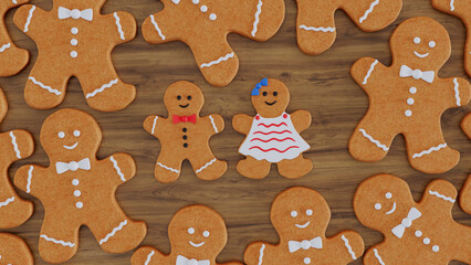 3D render of of ginger coockies on wooden background, Christmas gingerbread coockies.