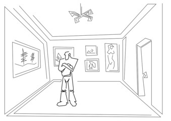 Linear sketch man looking at picture in gallery on white background
