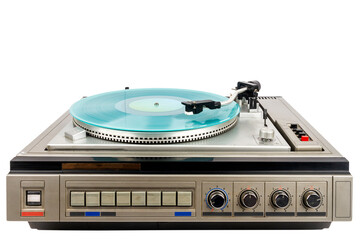 Obraz premium Vintage turntable record player with turquoise vinyl